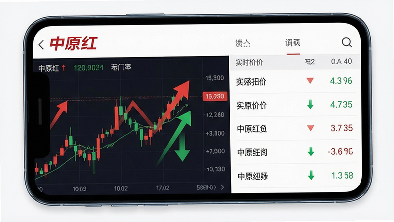 主体为智能手机屏幕,显示名为“中原红”的APP界面,布局清晰,左侧为K线走势图,右侧为实时报价列表,排版简约现代,风格商务科技,细节包含红色上涨箭头与绿色下跌箭头,画质高清,干净,无多余元素,文字“中原红”清晰可见