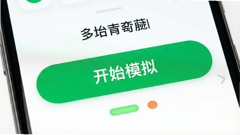 手机界面展示“开始模拟”大按钮,按钮上方显示已选地点名称,下方有状态指示灯,布局简洁,风格明亮,细节清晰,画质高清,干净,无多余元素