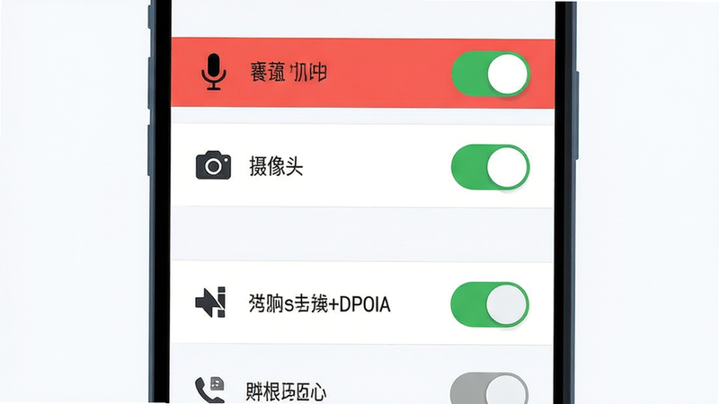主体:手机设置权限界面截图风格插画,显示麦克风、摄像头、通知权限开关;布局:垂直列表排列,开关状态清晰可见;排版:简洁列表式,重点权限标红高亮;风格:扁平化设计,清晰直观;细节:权限名称清晰,开关为绿色(开启)或灰色(关闭),背景为浅白色;画质:高清,干净,无多余元素,无文字水印