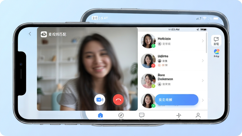 主体:麦视频交友App手机界面展示,手机屏幕居中,背景为柔和的淡蓝色渐变;布局:手机左侧显示视频聊天窗口,右侧显示用户列表,底部有导航栏;排版:简洁现代UI风格,大按钮易点击;风格:清新、科技感、友好;细节:界面中有“视频匹配”、“发现”、“消息”图标,顶部状态栏显示时间电量,视频窗口内有动态模糊效果暗示正在通话;画质:高清4K,干净,无多余元素,无文字水印