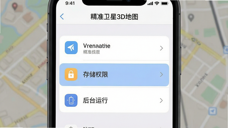 主体为手机屏幕,显示“精准卫星3D地图”的设置界面,重点高亮“存储权限”和“后台运行”选项。布局为列表式菜单,图标清晰。排版整齐,易读性强。风格为扁平化UI设计,色彩柔和。画质清晰,干净,无多余元素,文字“精准卫星3D地图”在顶部。