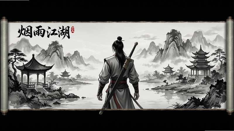 主体为《烟雨江湖》游戏主界面全景,布局为横向卷轴式,中心是一位身着唐代服饰的侠客背影,周围环绕水墨山水、亭台楼阁,排版清晰,风格为写实中式水墨风,细节丰富,画质高清,干净,无多余元素,文字包含“烟雨江湖”