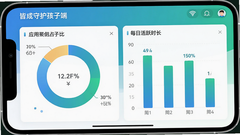 “皆成守护孩子端”APP内的数据统计页面,主体是一个环形图展示应用使用占比,旁边是柱状图展示每日活跃时长,文字标签清晰,配色采用蓝绿渐变,布局紧凑,风格专业,细节精致,画质清晰,无多余装饰