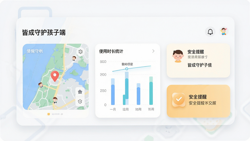 一张现代简约风格的UI界面预览图,主体展示“皆成守护孩子端”APP的主界面,布局清晰,包含地图定位模块、使用时长统计图表和安全提醒卡片,排版整洁有序,风格扁平化,细节处有柔和的阴影效果,画质高清,干净无多余元素