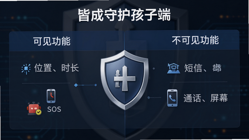 “皆成守护孩子端”功能对比图,左侧列出“可见功能”(位置、时长、SOS),右侧列出“不可见功能”(短信、通话、屏幕),中间用盾牌图标分隔,布局对称,风格严肃专业,细节清晰,画质高,无背景干扰
