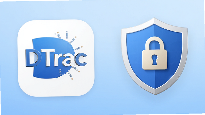 主体为 DTrac 应用图标与盾牌安全标志并排展示,背景为浅蓝色渐变,布局对称,排版简洁,风格信任感强,细节包含锁形图标,画质高清,干净,无多余元素
