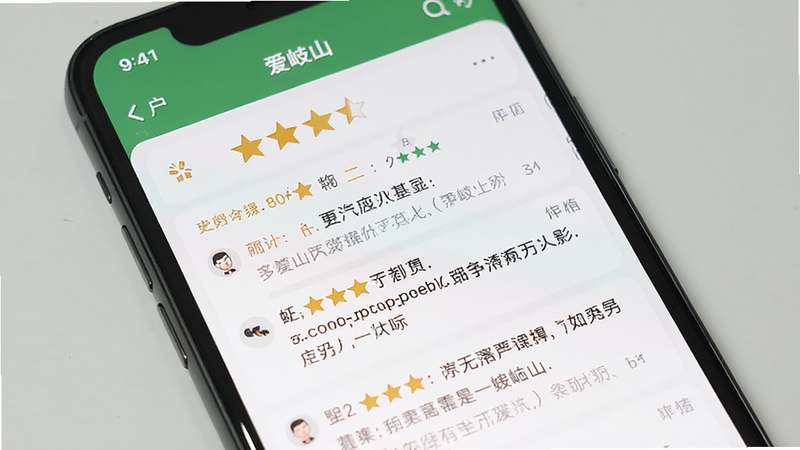 主体为手机屏幕,显示“爱岐山”APP的用户评价页面,布局为星级评分与文字评论列表,排版整齐,风格简洁,细节显示高分评价,画质清晰,干净,无多余元素