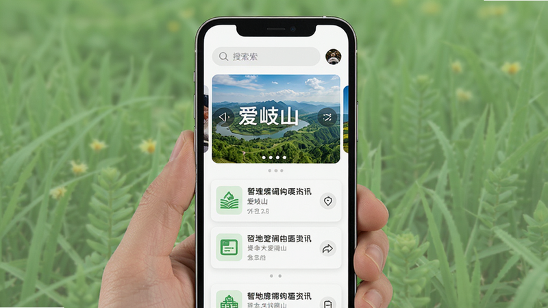 主体为智能手机屏幕,显示“爱岐山”APP首页界面,布局分为顶部搜索栏、中部轮播大图展示本地风景、下部列表式资讯卡片,排版整齐,风格清新简约,细节包括清晰的图标和文字,画质高清,干净,无多余元素