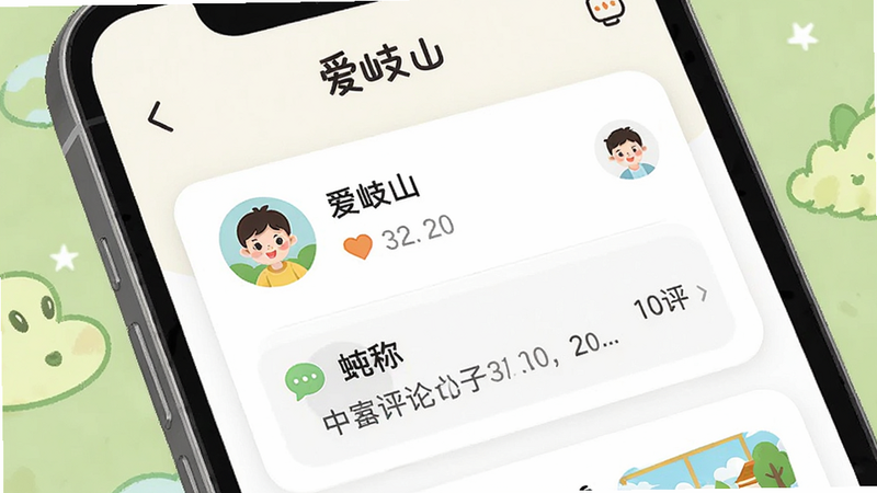 主体为手机界面,展示“爱岐山”APP的社区版块,布局包含用户头像、昵称、点赞数和评论内容,排版采用卡片式设计,风格活泼友好,细节显示互动图标,画质清晰,干净,无多余元素