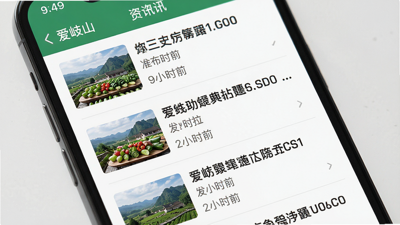 主体为手机屏幕特写,显示“爱岐山”APP的资讯列表页,布局为垂直滚动列表,每条资讯包含缩略图、标题和发布时间,排版紧凑有序,风格现代扁平化,细节显示文字清晰,画质高,干净,无多余元素