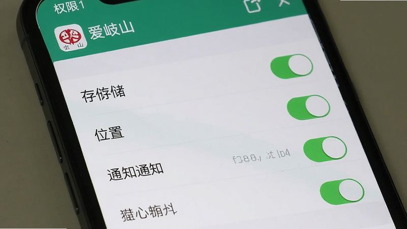 主体为手机设置界面,显示“爱岐山”APP的权限管理页面,布局为列表形式,列出存储、位置、通知等权限开关,排版清晰,风格系统原生风,细节显示开关状态,画质高,干净,无多余元素