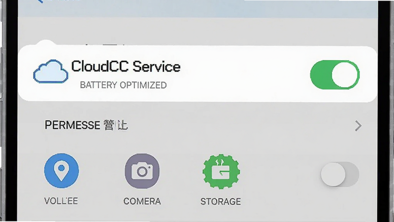 展示手机设置界面的示意图,中间突出显示'CloudCC Service'的电池优化选项,下方是权限管理列表,包含位置、相机、存储等图标,布局垂直排列,排版清晰,风格扁平化UI设计,细节展示开关状态,画质清晰,干净无多余元素