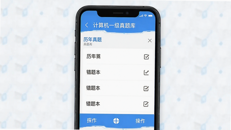 主体为手机屏幕显示“计算机一级真题库”应用界面,布局清晰分为顶部导航栏、中部真题列表区与底部操作栏,排版整齐规整,风格简约现代,细节处体现蓝色科技色调,画质高清,干净无多余元素,文字内容包含