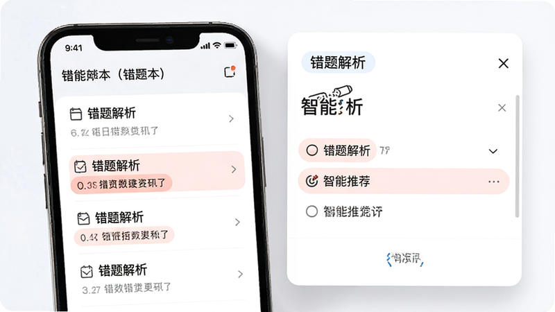 主体为手机屏幕显示错题本界面,布局左侧为题目列表,右侧为解析弹窗,排版左右分栏,风格清新简约,细节高亮显示错误选项,画质高清,干净,文字包含