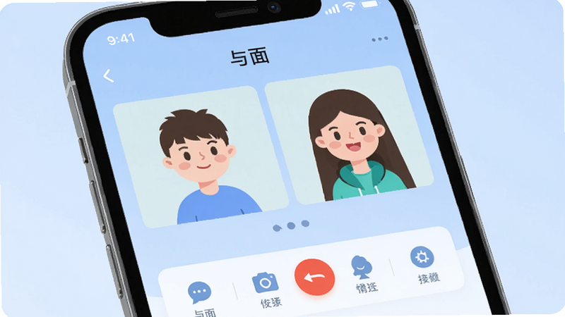 主体为智能手机屏幕特写,显示“与面”APP界面,布局清晰,顶部状态栏,中间为两个卡通人物进行视频通话的预览窗口,底部为功能按钮栏,风格为扁平化UI设计,细节包括清晰的图标和柔和的蓝色背景,画质高清,干净,无多余元素