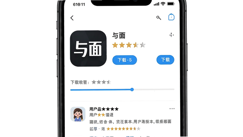主体为手机应用商店界面,显示“与面”应用详情页,布局包含图标、名称、评分和下载按钮,排版简洁明了,风格为商店UI设计,细节包括清晰的下载进度条和用户评价摘要,画质高清,干净,无多余元素