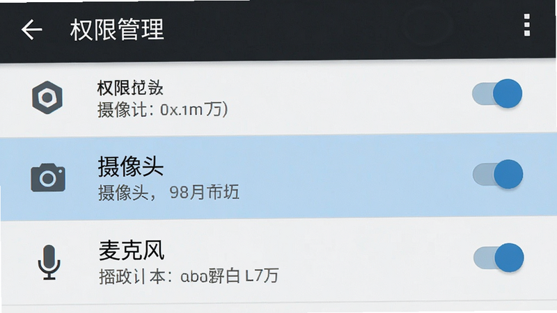 主体为手机设置界面截图,显示“权限管理”页面,布局为列表形式,高亮显示“摄像头”和“麦克风”选项,排版整齐,风格为安卓原生UI,细节包括开关按钮和文字说明,画质清晰,干净,无多余元素