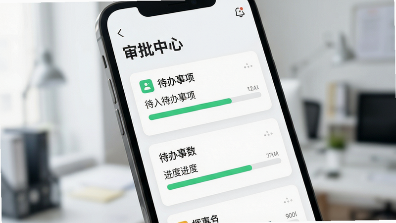 手机界面展示审批列表,卡片式布局,显示待办事项与进度条,风格简洁现代,细节清晰,高清画质,无杂乱元素,文字“审批中心”清晰可见