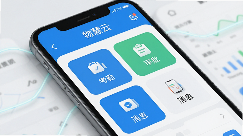 主体为智能手机屏幕,显示物慧云APP首页界面,布局清晰,顶部有导航栏,中间是功能网格图标,包含考勤、审批、消息等模块,风格简约商务,细节精致,高清画质,干净无多余元素,文字“物慧云”清晰可见