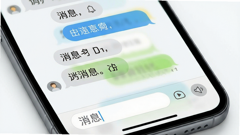 手机界面展示聊天窗口,气泡对话清晰,底部输入框与功能按钮布局合理,风格清新,细节精致,高清画质,干净背景,文字“消息”清晰可见