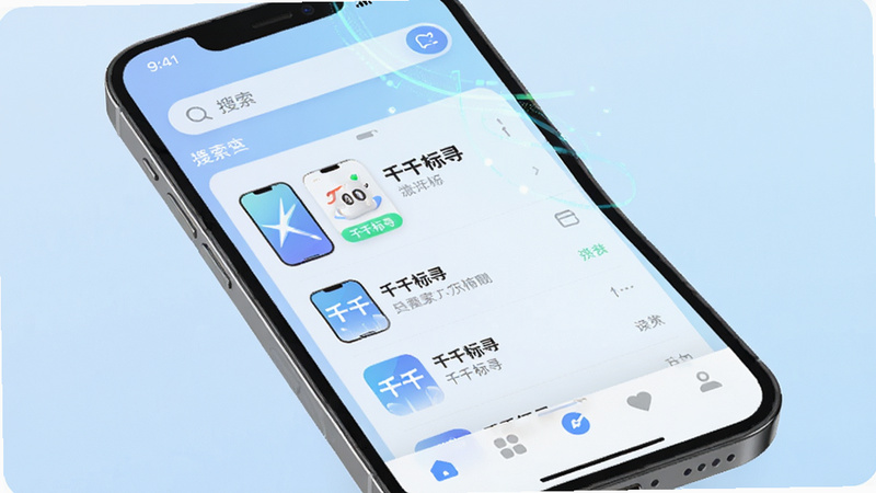 主体为智能手机屏幕特写,屏幕中央显示“千千标寻”应用界面,背景为柔和的浅蓝色渐变,布局清晰,顶部为搜索栏,中部为列表视图,底部为导航栏,风格现代简约,细节处有微弱的科技光效,画质高清,干净,无多余元素