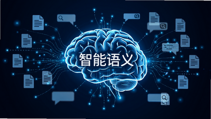主体为抽象化的大脑与数据流连接图,中心文字标注“智能语义”,周围环绕着各种文档图标和搜索气泡,布局呈放射状,排版均衡,风格科技感强,细节处有蓝色光点流动,画质清晰,干净,无多余元素
