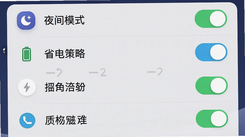 主体为设置界面截图,显示多个开关选项,如“夜间模式”、“省电策略”等,布局整齐,风格现代UI,细节展示清晰的文字与图标,画质细腻,干净