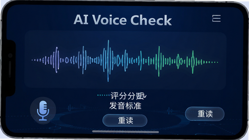 主体是跟读评测界面,屏幕中央有一个动态的声波波形图,下方显示评分分数和“发音标准”的评价文字,布局聚焦中心,风格科技感十足,细节处有麦克风图标和重读按钮,画质高,背景为深蓝色,无多余元素,文字“AI Voice Check”清晰可见