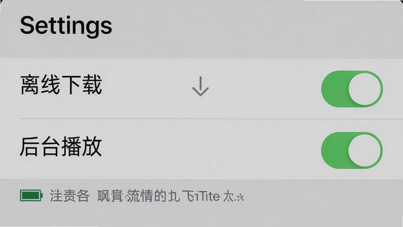 主体是手机设置界面,显示“离线下载”和“后台播放”两个开关处于开启状态,布局简洁,风格为系统原生设置风格,细节处有电池和流量节省提示,画质清晰,背景为灰色,无多余元素,文字“Settings”清晰可见