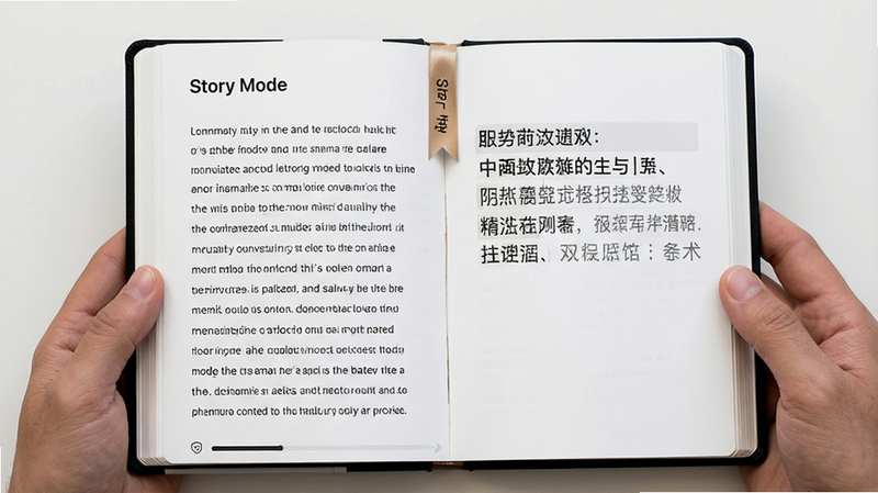 主体是打开的故事阅读界面,左侧是英文原文,右侧是中文对照翻译,布局为双栏对照模式,风格清新简约,细节处有书签标记和进度条,画质清晰,背景为白色,无多余元素,文字“Story Mode”清晰可见