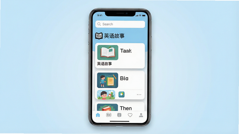主体是一个简洁的智能手机界面展示,屏幕中央显示“英语故事”应用主界面,布局清晰,顶部有搜索栏,中间是卡片式的故事列表,包含缩略图和标题,底部是导航栏。排版整齐,风格为扁平化现代UI设计,细节处有柔和的阴影效果,画质高清,背景为干净的浅蓝色渐变,无多余元素,文字“英语故事”清晰可见