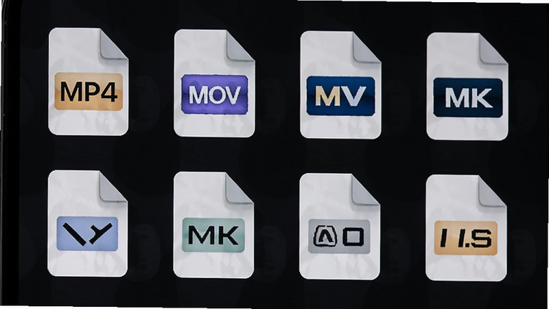 手机屏幕显示文件格式图标,包括MP4、MOV、MKV等,排列整齐,背景为深色模式,布局网格状,排版规整,风格极简,细节清晰可见,画质精致,干净,无多余元素