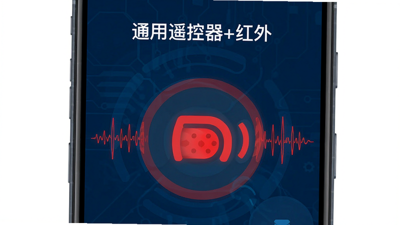 主体为一部现代智能手机,屏幕显示着“通用遥控器+红外”的应用界面,界面中央有一个大的红色红外发射图标,背景是简洁的深蓝色科技风,布局居中,排版清晰,风格扁平化,细节包含红外波形线条,画质高清,干净,无多余元素