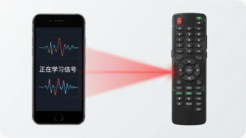 主体为手机红外学习过程示意图,一部手机正对着一部旧遥控器,中间有红色光线连接,屏幕显示“正在学习信号”字样,布局对称,排版简洁,风格科技感,细节包含信号波形动画,画质高,干净,无多余元素