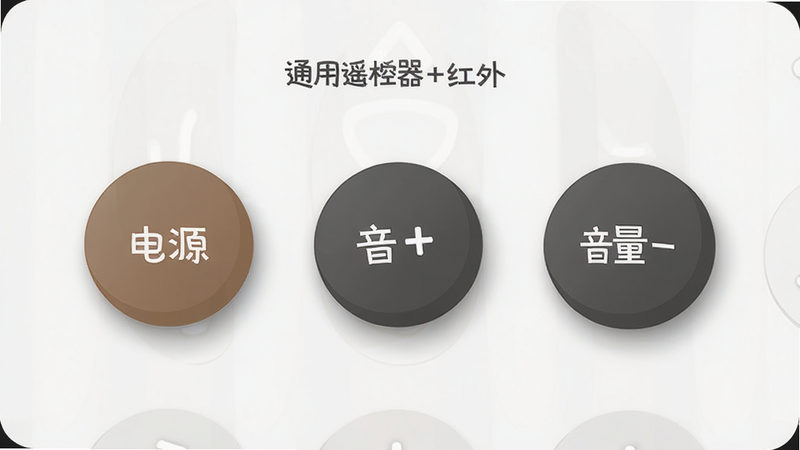 主体为“通用遥控器+红外”的主界面,显示几个大的圆形自定义按钮,分别标注“电源”、“音量+”、“音量-”,布局居中,排版美观,风格扁平化,细节包含按钮阴影效果,画质清晰,干净,无多余元素