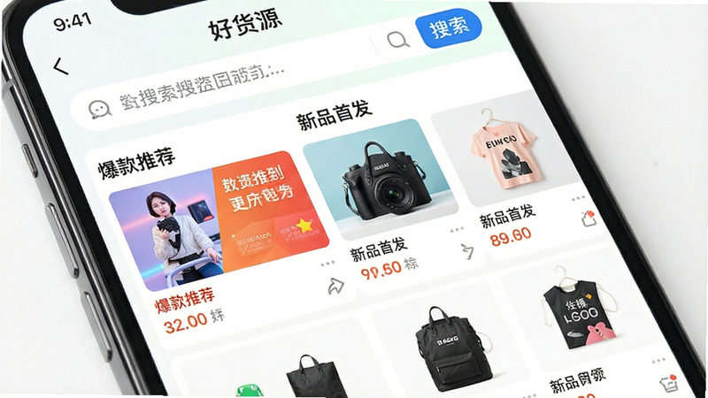 一张高清的手机应用界面截图,主体展示“好货源”APP首页,顶部有醒目的搜索栏,下方是分类清晰的商品网格布局,包含“爆款推荐”、“新品首发”等模块,背景为干净的白色,色彩明亮,体现商务与专业感,画质细腻,无多余水印