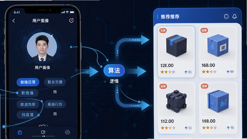 展示“好货源”APP的智能推荐界面,左侧为用户画像标签,右侧为对应的推荐商品列表,中间用箭头连接表示算法逻辑,风格现代简约,蓝色科技色调,清晰展示数据流动过程,细节丰富,高清渲染