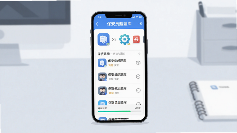 主体为一部现代智能手机,屏幕显示“保安员超题库”APP界面,背景是简洁的办公桌面,布局为中心突出手机,排版整洁,风格为扁平化商业插画,细节包括清晰的APP图标、题目列表、进度条,画质高清,干净,无多余元素