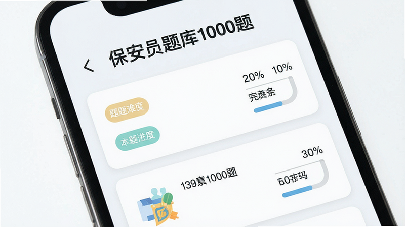主体为手机屏幕显示题目列表,标题“保安员题库1000题”,布局为卡片式设计,风格为清新扁平,细节包括题目难度标签、完成进度百分比,画质高清,干净,无多余元素