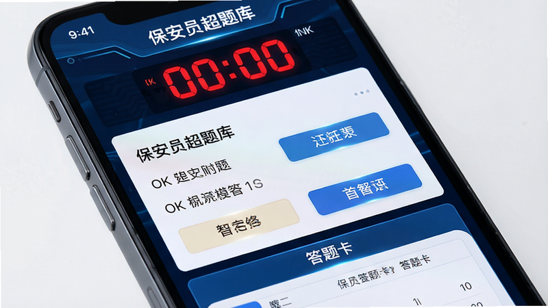 主体为手机屏幕特写,显示“保安员超题库”模拟考试界面,布局为上中下结构,上方显示倒计时,中间显示题目选项,下方显示答题卡,风格为科技感UI设计,细节包括红色倒计时数字、清晰的选项按钮,画质4K,干净,无多余元素