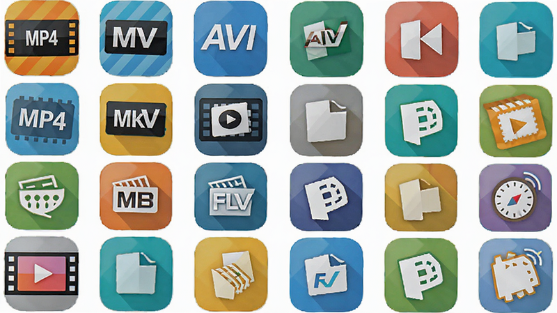 主体为“万能清享免费播放器”的功能图标集合,布局呈网格状排列,展示多种视频格式图标如MP4、MKV、AVI、FLV等,风格扁平化设计,色彩鲜明,细节丰富,体现兼容性,画质高,干净,无多余元素,文字显示“万能格式支持”