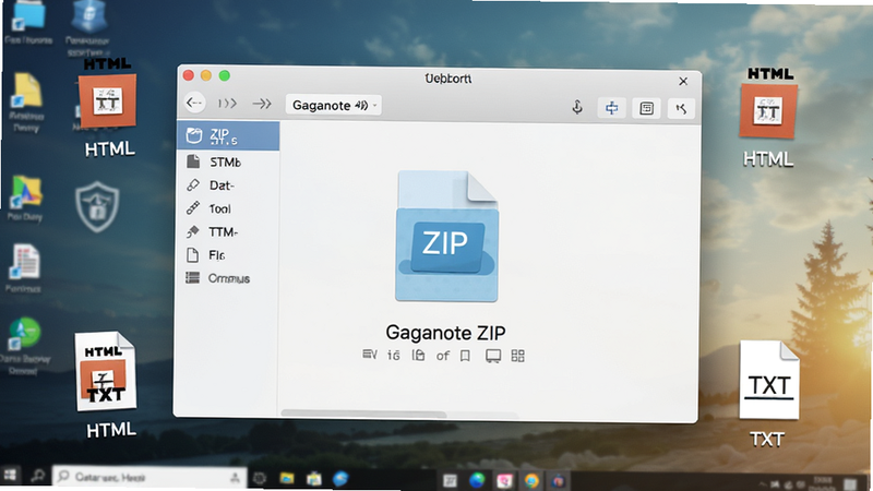 文件管理器界面展示 Gaganote 导出的 ZIP 压缩包文件,文件名清晰可见,周围散落着几个 HTML 和 TXT 文件图标,背景为桌面壁纸,光线自然,体现数据备份的安全感,写实风格,高清晰度,细节逼真