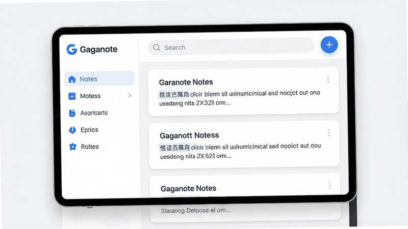 一张展示 Gaganote 应用主界面的高清 UI 设计图,主体为白色背景的笔记列表页面,左侧为功能导航栏,右侧为笔记卡片流,卡片包含标题和摘要,顶部有搜索框和加号按钮,整体风格极简现代,色彩以白色和浅灰色为主,点缀品牌蓝色,布局清晰,排版整齐,扁平化设计,8k 高清,干净无杂物