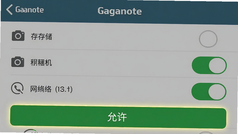 手机端设置界面示意图,显示 Gaganote 的权限管理页面,包括存储、相机、网络权限开关状态,界面简洁,高亮显示“允许”按钮,背景为浅灰色,UI 元素清晰,无水印,高清截图风格