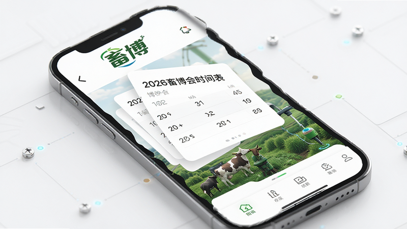主体为“畜博”APP手机界面预览图,布局采用极简主义风格,顶部显示“畜博”Logo,中部展示“2026畜博会时间表”卡片,底部为功能导航栏,排版清晰有序,风格现代科技感,细节处体现农业与科技结合的元素,高清画质,干净无多余元素,文字“畜博”清晰可见
