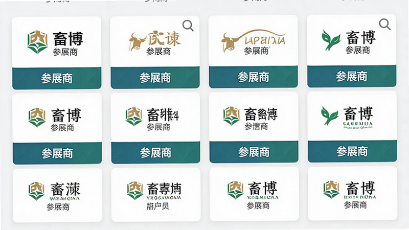 主体为“畜博”APP参展商列表界面,布局为网格状卡片展示,每张卡片包含企业Logo、名称及主营类目,排版整齐美观,风格专业商务,细节处有搜索框图标,高清画质,干净无多余元素,文字“畜博”、“参展商”清晰可见