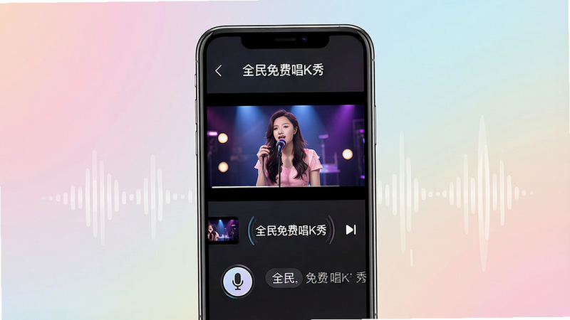 一张展示“全民免费唱K秀”APP主界面的高清预览图,主体为手机屏幕,显示正在播放的MV画面,底部有清晰的麦克风图标和歌词滚动条,布局居中,排版整洁,风格现代简约,细节处体现音波跳动效果,画质清晰,干净无多余元素,背景为柔和的渐变色,文字“全民免费唱K秀”清晰可见