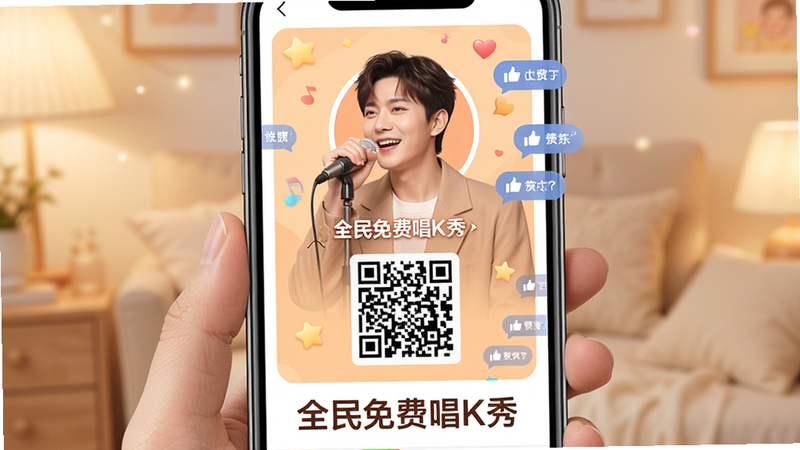 展示“全民免费唱K秀”分享界面的设计图,主体为手机屏幕,显示生成好的K歌海报,包含歌手头像、歌曲名和二维码,布局美观,风格温馨互动,细节处有好友点赞气泡,画质柔和,干净清爽,文字“全民免费唱K秀”在海报底部清晰展示
