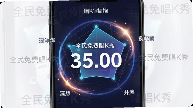 手机界面截图风格,显示“全民免费唱K秀”的评分页面,中心为巨大的分数数字,周围环绕着雷达图展示各项指标,布局聚焦中心,风格现代UI设计,细节处有动态光效,画质清晰,干净利落,文字“全民免费唱K秀”作为水印隐约可见