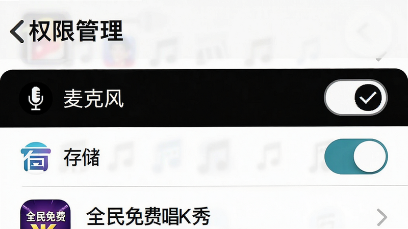 手机设置界面示意图,显示“权限管理”列表,高亮显示“麦克风”和“存储”权限开关,布局清晰,风格系统原生UI,细节处有勾选标记,画质锐利,干净无杂色,文字“全民免费唱K秀”在应用列表中可见